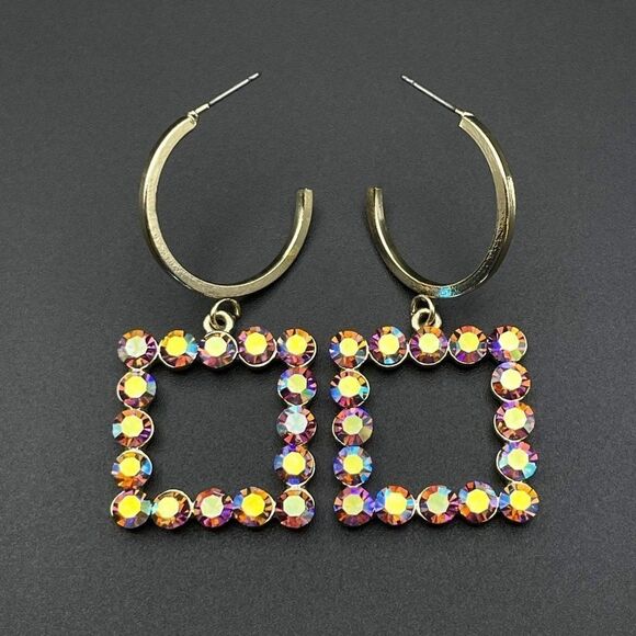 Yellow Gold with Iridescent AB Crystal Dangling Square and Hoop Post Earrings - Picture 2 of 10